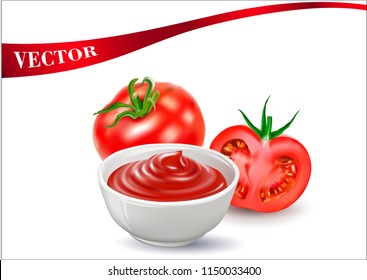 A vector image of a tomato sauce. Tomato ketchup in a white cup.Vector realistic image of a tomato. Half a juicy tomato. Vector illustration for sale of vegetables, food.