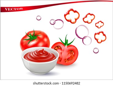 A vector image of a tomato sauce. Tomato ketchup in a white cup.Vector realistic image of a tomato. Half a juicy tomato.