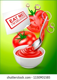 A vector image of a tomato sauce. Tomato ketchup in a white cup.Vector realistic image of a tomato. Half a juicy tomato.A logo, an emblem, a sticker for companies selling food.