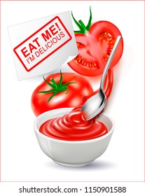 A vector image of a tomato sauce. Tomato ketchup in a white cup.Vector realistic image of a tomato. Half a juicy tomato.A logo, an emblem, a sticker for companies selling food.