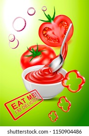A vector image of a tomato sauce. Tomato ketchup in a white cup.Vector realistic image of a tomato. Half a juicy tomato.A logo, an emblem, a sticker for companies selling food.