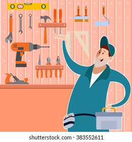 Vector image of a tool shed with worker