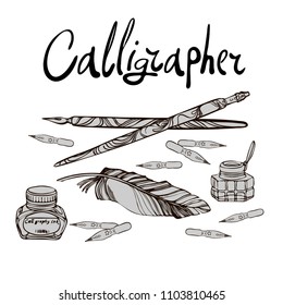 Vector image tools for a calligrapher. Drawn in a graphic style, line and silhouette. Isolated objects on white background.
