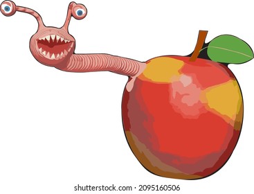 vector image of a toothy pink worm emerging from a ripe red apple