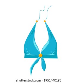 Vector image of the top of a blue swimsuit with orange beads isolated on a white background. Summer things for vacation