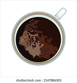 Vector Image: Top View Of A Cup Of Coffee Poured With The Profile Of A Girl's Face In The Foam. 