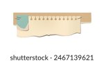 Vector image of torn kraft paper of different colors with a piece of notebook sheet, secured with staples. They have texture and jagged edges, ideal for isolated layouts.