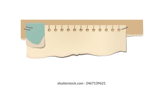 Vector image of torn kraft paper of different colors with a piece of notebook sheet, secured with staples. They have texture and jagged edges, ideal for isolated layouts.