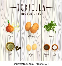 Vector image. Tortilla. Ingredients. The view from the top. on a wooden countertop