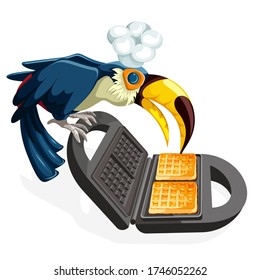 Vector image of a toucan with a cook hat on a white background preparing a treat in a waffle iron. Concept. Cartoon style. EPS 10