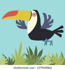 Vector image of a toucan flying in the sky over palm trees. Can be used as a poster in the children's room, postcard, print.