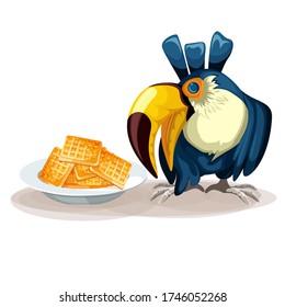 Vector image of a toucan on a white background and a plate with ready-made waffles. Concept. Cartoon style. EPS 10
