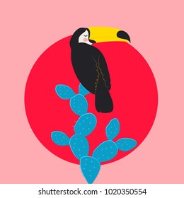 Vector image of toucan at sunset with cactus