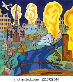 Vector image of a town after a bombing attack