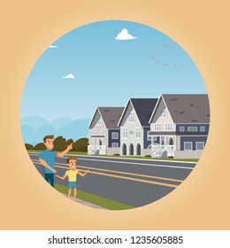 Vector image townhouse located outside the city. Vector illustration of cartoon family stand across the street from their new townhouse home. Happy family in new residential area of the city.