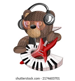 Vector image of a toy bear with musical instruments in headphones for sound recording. Concept. Cartoon style. Isolated on white background. EPS 10