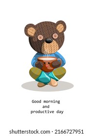 Vector image of a toy bear, with a reference to Slavic roots, sitting with a cup in Turkish. Concept. Cartoon style. Isolated on white background. EPS 10