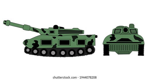 Vektorbild eines Spielzeugtanks auf der Seite und Vorderseite auf grünem und schwarz auf weißem Hintergrund