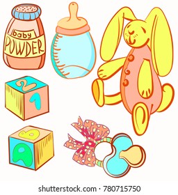 The Vector image "Toys, powder, cubes, dummies for a newborn baby" for children's clothes design