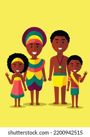 Vector image of a traditional African family in full, in traditional outfits. The image is in good quality, on a yellow background.