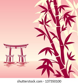 vector image of traditional Asian landscape in red colors