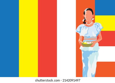 Vector Image of a traditional Buddhist girl in front of the Buddhist flag.