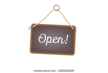 Vector image of a traditional door sign and text - Open!