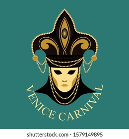 Vector image of a traditional golden venetian mask in a hat. The headpiece in the shape of a lily is decorated with gold design elements.