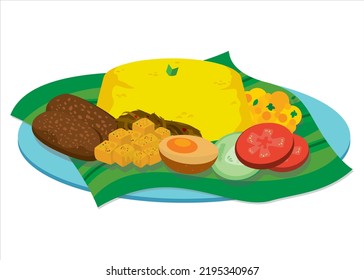 Vector Image: Traditional Indonesian Cuisine, Yellow Rice with Egg, Meat, Tempeh and vegetables  (Called: Nasi Kuning)