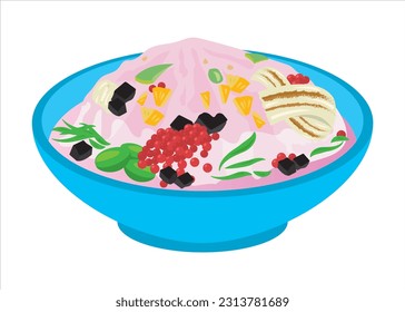 Vector Image: Traditional Indonesian Cuisine,  Mixed Ice (Called:Es Campur) a cold and sweet dessert with fruit cocktails, coconut, tapioca pearls, grass jellies served in shaved ice, syrup and milk