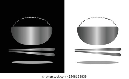 vector image of traditional Japanese bowls and chopsticks with gold gradations and a black and white background