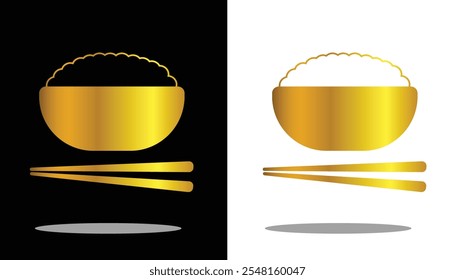 vector image of traditional Japanese bowls and chopsticks with gold gradations and a black and white background