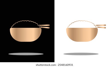 vector image of traditional Japanese bowls and chopsticks with gold gradations and a black and white background