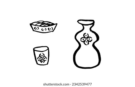 Vector image of a traditional style sake bottle and glass.Ink, brush, calligraphy, drawing, sketch, graphic, doodle, minimalism. Japanese restaurant, cafe, alcohol, bar. Black on white. Eps10