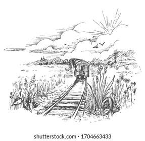 Vector image of a train departing on rails into the distance in a field.