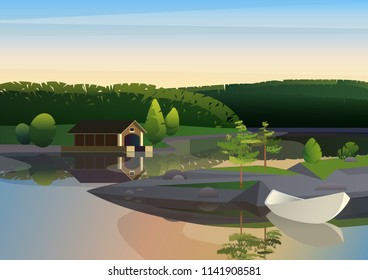 Vector image of tranquil landscape with remote house dock and sailing boat on shore of lake in green nature.