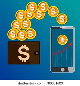 Vector image of the transfer of the dollar from the wallet to ethereum on the smartphone. Blockchain.