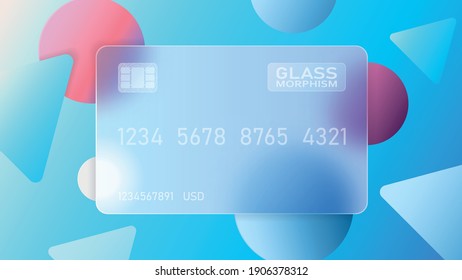 Vector image. Translucent bank card on a blue background. Frosted transparent glass in the style of glass morphism. Abstract geometric shapes and colored colorful spheres. Place for your text.