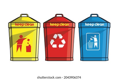 imagen vectorial de un bote de basura con un icono o logotipo de reciclaje, arrojar basura en el icono de la basura, con 3 opciones de colores azul, rojo y amarillo