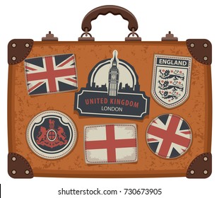 Vector Image Of Travel Suitcase With Patches Set With British And English Symbols, Coats Of Arms And Flags Of The United Kingdom And England In Retro Style