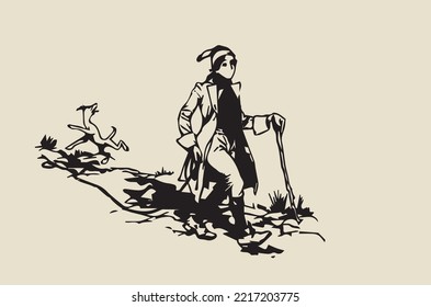 Vector image - traveler walking with dog