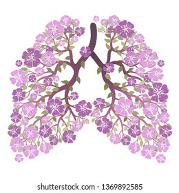 Vector image of tree branches with sakura flowers shaped like human lungs. Forest protection ecology illustration. Vector blossoms.