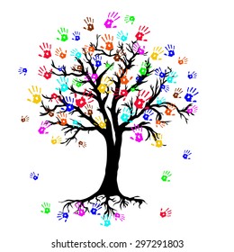 Vector image of Tree with colorful Hands in abstract style