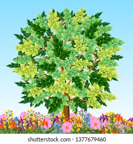 Vector image of a tree with green foliage. The theme of nature and or green spaces. Vector illustration.