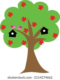 Vector image of tree having nest and birds