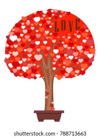 Vector image of tree of hearts of red hues in flowerpot with inscription love on white background. Concept of Valentine's Day. Object isolated on white background.