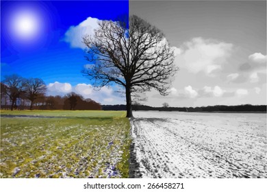 vector image of tree symbolizing the season change in color and black and white