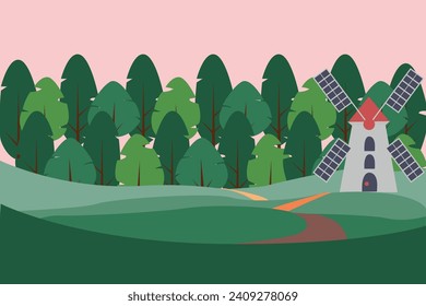 Vector image of trees and a mill. With fields of wheat.