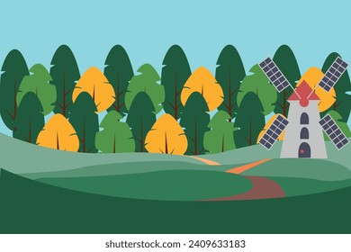 Vector image of trees and a mill. With fields of wheat.