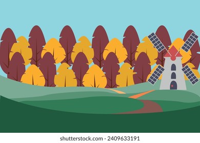 Vector image of trees and a mill. With fields of wheat.